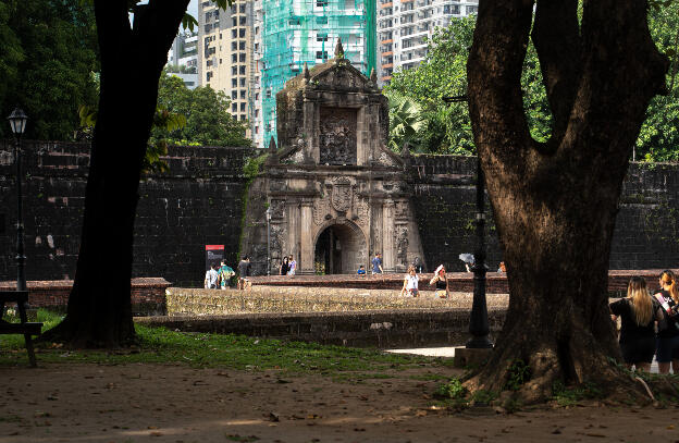 Fort Santiago, built in 1571 by Spanish navigator and governor Miguel López de Legazpi for defense of the new city of Manila, located in the walled city, Binondo in the background