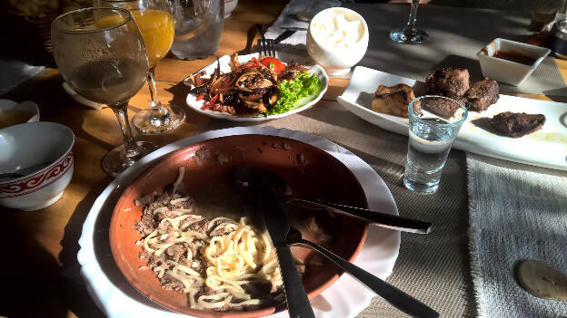Kyrgyz national fool - Beshbarmak (pasta/horse meat), Shashlyk