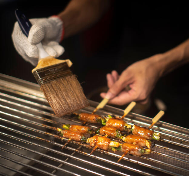 Taichung, Taiwan: Fengchia Night Market - Scallions wrapped in pork