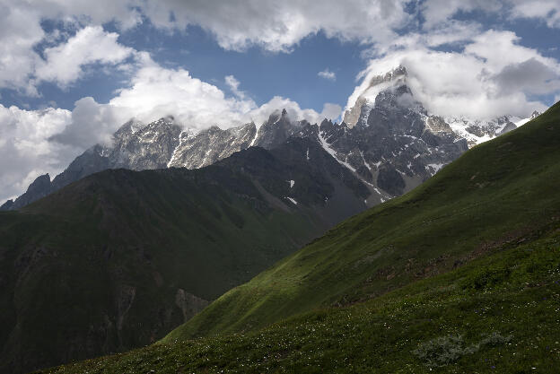 Svaneti: View from Guli pass (3000m) between Mazeri and Mestia to Mount Ushba (4700m)