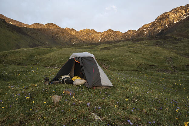 Camping beneath Atsunta pass (3525m), descending on Khevsureti side