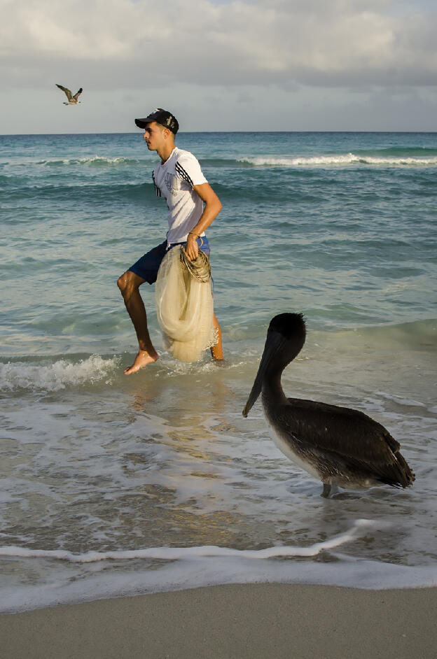 Fisherman and pelican at Varadero beach