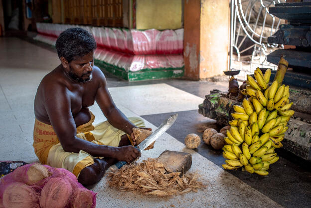 Preparing food offerings for the ceremony at Tirukoneswaram Temple in Trincomalee, Sri Lanka