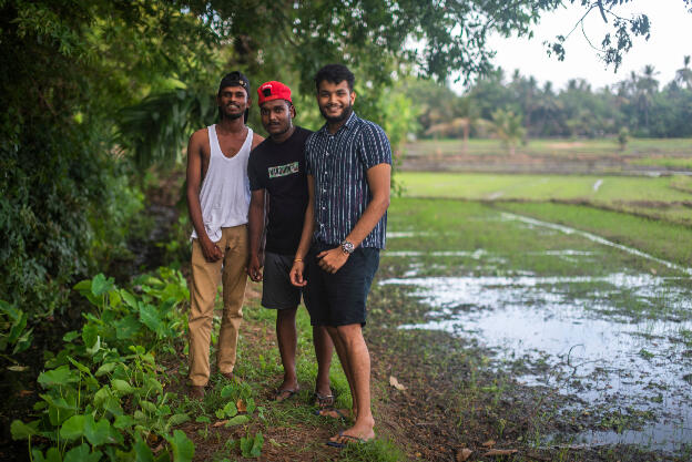 Polonnaruwa, Sri Lanka: Dulshan, Roshan, and Yehan (l to r, all 24) grew up here together, are reunited this week as Yehan is visiting from his studies in Colombo 