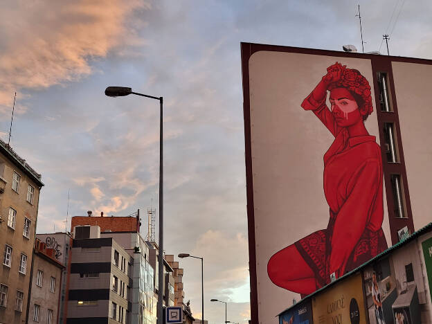 Bratislava mural: Women on a wedding cover their hair once they are married themselves